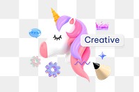 Creative png word, 3D unicorn remix on transparent background