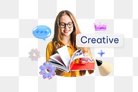 Creative png word, student reading book remix on transparent background