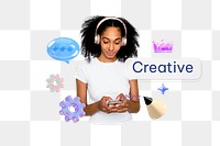 Creative png word, woman texting remix on transparent background