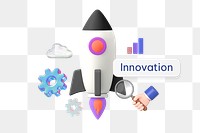 Innovation png word, 3D rocket remix on transparent background