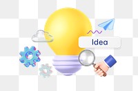 Idea png word, 3D light bulb remix on transparent background