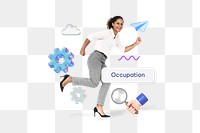 Occupation png word, running businesswoman remix on transparent background