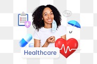 Healthcare png word, smiling woman, healthcare remix on transparent background