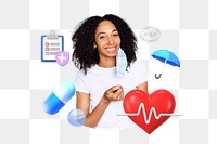 Health insurance png, smiling woman, healthcare remix, transparent background