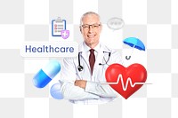 Healthcare png word, smiling doctor, healthcare remix on transparent background