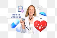 Health check up png word, smiling doctor, healthcare remix on transparent background