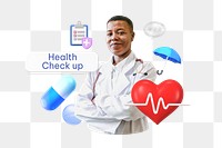 Health check up png word, smiling doctor, healthcare remix on transparent background