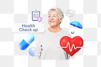 Health check up png word, smiling woman, healthcare remix on transparent background