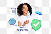 Health insurance png word, smiling woman remix on transparent background