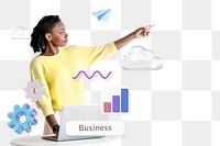 Business png word, businesswoman pointing forward remix on transparent background