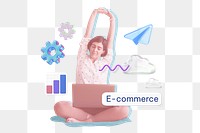 E-commerce png word, stretching businesswoman remix on transparent background