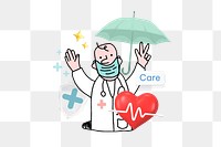 Care png word, doctor illustration remix on transparent background