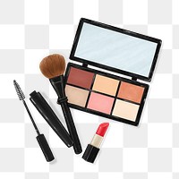 Makeup set png sticker, eyeshadow palette, mascara, brush illustration, transparent background