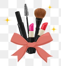 Makeup gift set png sticker, eyeshadow palette, mascara, brush illustration, transparent background