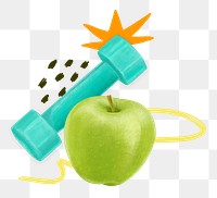 Dumbbell and apple png, healthy diet remix, transparent background