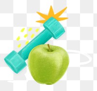 Dumbbell and apple png, healthy diet remix, transparent background