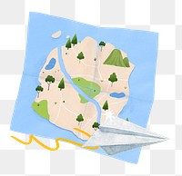 Travel aesthetic png remix, map and paper plane, transparent background