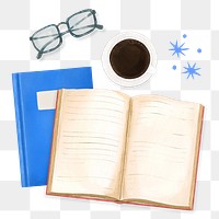 Book and coffee png, education remix, transparent background