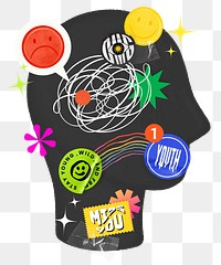 Depressed scribble head png, mental health remix, transparent background