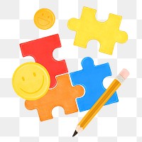 Colorful jigsaw puzzle png, smiling emoticon remix, transparent background