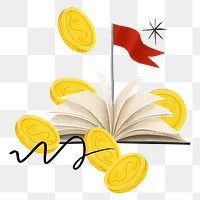 Investment & finance studies png remix, open book and gold coins, transparent background