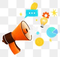 Marketing tool png remix, orange megaphone illustration, transparent background