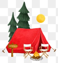 Camping site png aesthetic, tent, chairs and campfire remix, transparent background