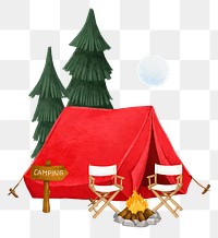 Camping site png aesthetic, tent, chairs and campfire remix, transparent background