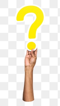 Question mark symbol png hand holding sign, transparent background