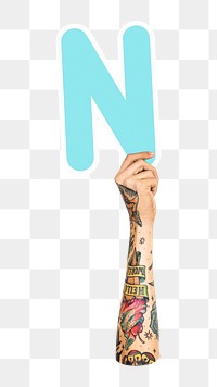 Letter N png hand holding sign, transparent background