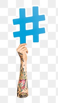 Hashtag symbol png hand holding sign, transparent background