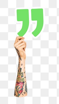 Quotation mark png hand holding sign, transparent background