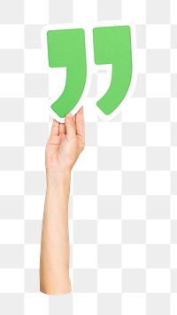 Quotation mark png hand holding sign, transparent background