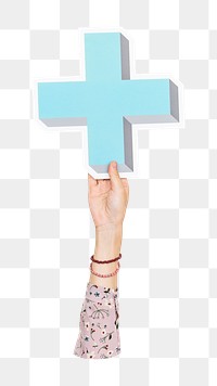 Blue cross icon png hand holding sign, transparent background