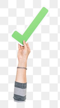 Check mark png hand holding sign, transparent background