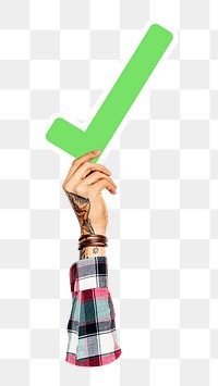 Green checkmark icon png hand holding sign, transparent background