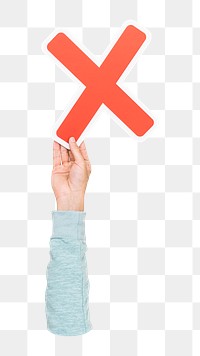 X sign png hand holding sign, transparent background