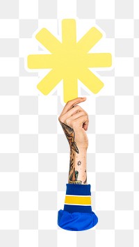 Asterisk png hand holding sign, transparent background