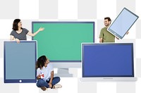 People & digital device png, transparent background