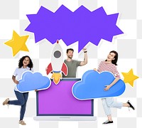 Png People holding cloud computing icons and a copy space, transparent background