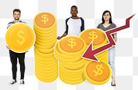 Png People holding icons related to money and currency, transparent background