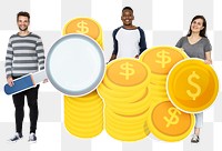 Png People holding icons related to money and currency, transparent background