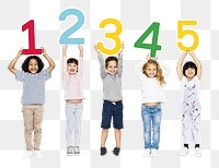 Diverse kids holding numbers png, transparent background