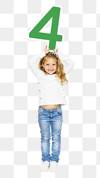 Png girl holding number four, transparent background