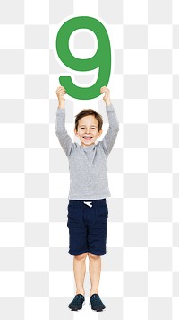 Png boy holding number nine, transparent background