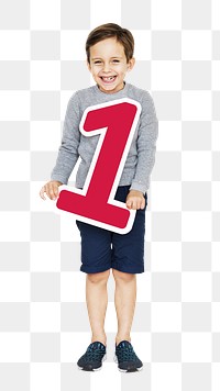 Png kid holding number one, transparent background