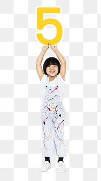 Png kid holding number five, transparent background