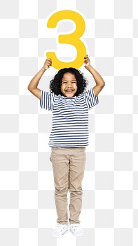 Png kid holding number three, transparent background