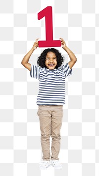 Png kid holding number one, transparent background