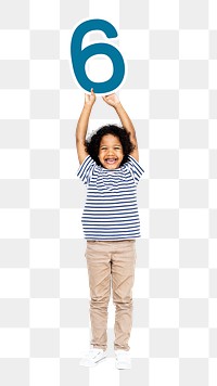 Png boy holding number six, transparent background